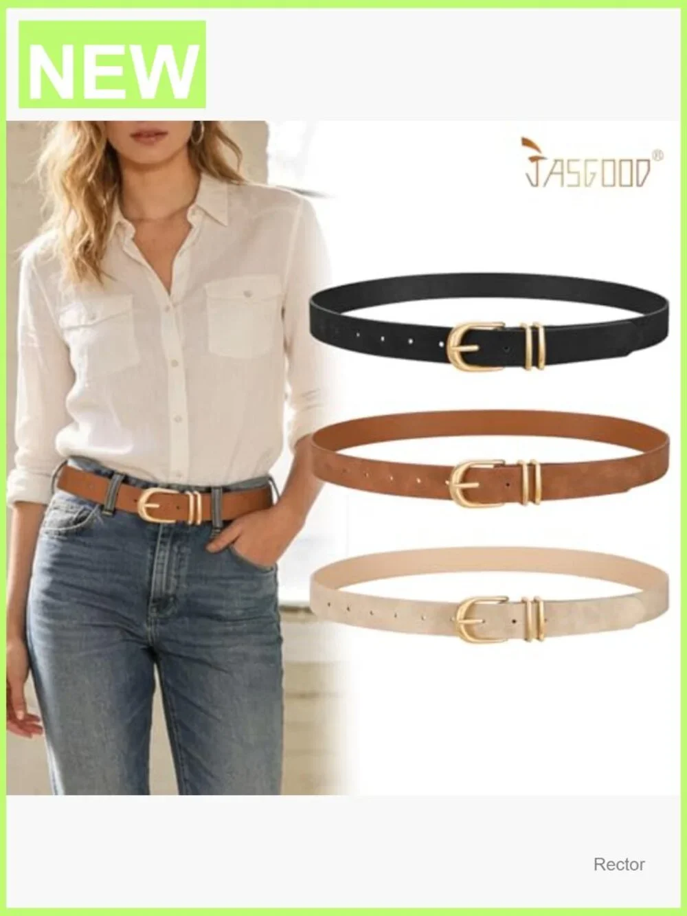 3 Pack Faux Leather Belts for Jeans Dresses - Gold Buckle Waist Belt